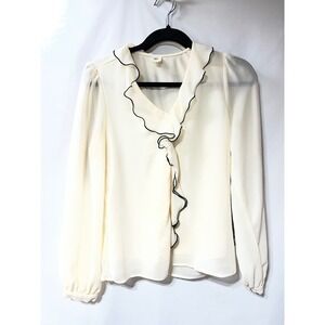 Autres Filles Cream Ruffle V-Neck Blouse Black Trim Long Sleeve Puff Shoulder